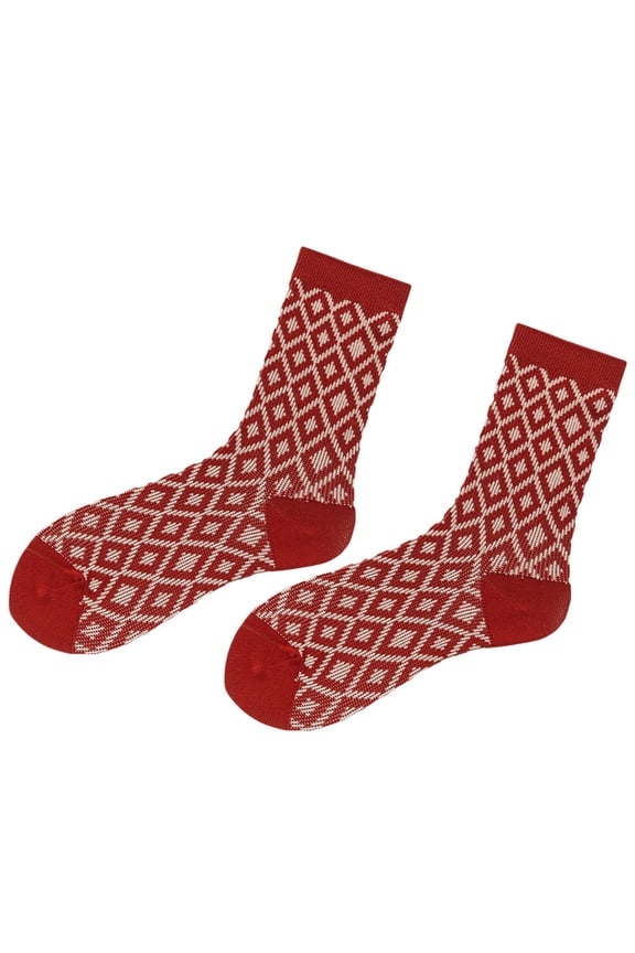 1 Pair Orange Cotton Socks with Retro Patterns for Mid-calf Length and Casual Wear