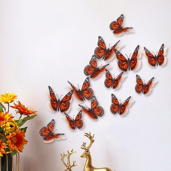DEEPCRAFF 12Pcs Decorative Orange 3D Butterflies Wall Stickers Removable Bedroom Decals