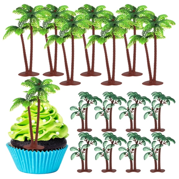 DEEPCRAFF 16Pcs Tropical Cake Decorations Plastic Coconut Tree Cake Toppers