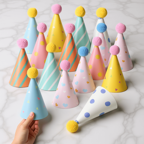 DEEPCRAFF 16Pcs Festive Paper Birthday Hats Multi Color Cone Caps with Pompom for Parties