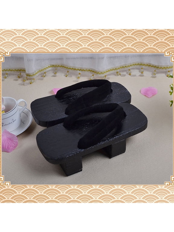 1Pair Black Wooden Japan Clogs with Slip on Design Comfortable Platform Sandals for Party and Home Use