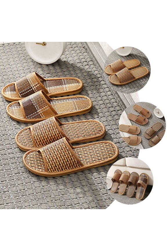 1Pair Lightweight Indoor Shoes with Woven Rattan Straw Upper and PVC Sole Light Brown