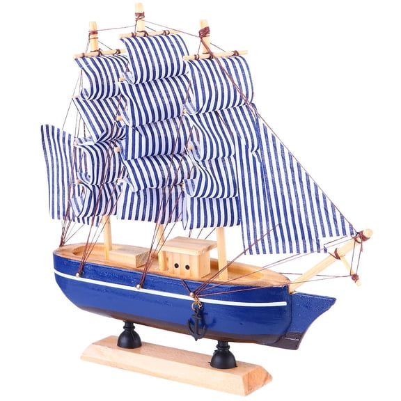 DEEPCRAFF 1Pc Blue Wooden Sailboat Model with Cloth Sails Nautical Desk Decoration for Home and Office