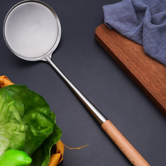 DEEPCRAFF 1Pc Premium Stainless Steel Flat Spoon with Wooden Handle for Fry Oil and Deep Fryer Cleaning