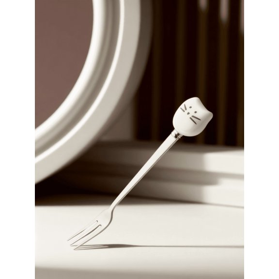DEEPCRAFF 1Pc Small Ceramic and Stainless Steel Dessert Fork with White Cat Face for Fruit and Cake