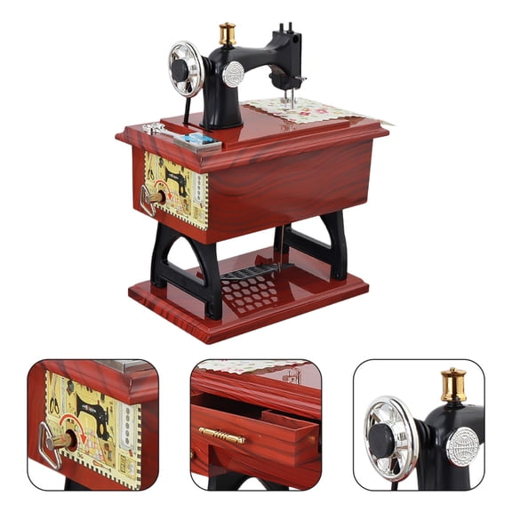 DEEPCRAFF 1Pcs Desktop Musical Box Sewing Machine Shape Brown Plastic for Home and Office Decoration