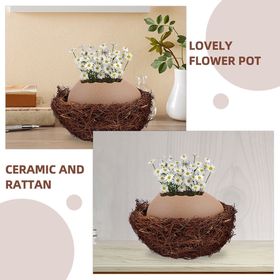 DEEPCRAFF 1Set Ceramic Eggshell Vase with Rattan Bird Nest Decorative Hydroponic Planter for Home