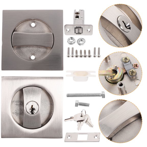 DEEPCRAFF 1Set Metal Pocket Door Lock Hardware with Key Plated Silver Invisible Privacy Latch for Home Interior Door Use