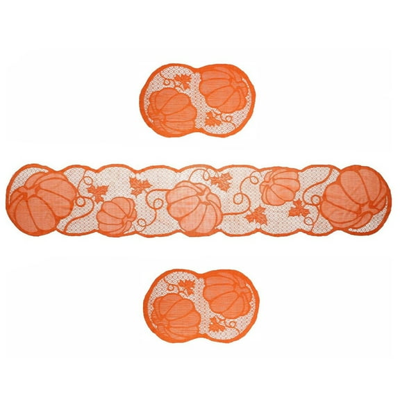 DEEPCRAFF 1Set Orange Polyester Table Runner with Hollowed Pumpkin and Maple Leaf for Tsgiving