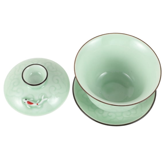 DEEPCRAFF 1Set Small Light Green Porcelain Tea Cup with Lid Stylish Ceramic Mug for Brewing Loose Leaf Tea