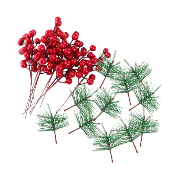 DEEPCRAFF 20Pcs Life Like Pine Needle and Red Berry Branches for Creative Christmas Tree Ornament and Decor