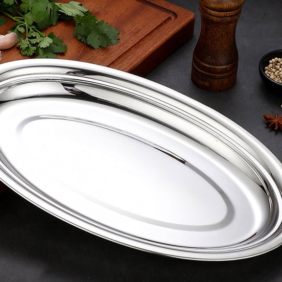 DEEPCRAFF 2Pcs Plated Silver Stainless Steel Oval Snack Plates Practical Food Serving Trays