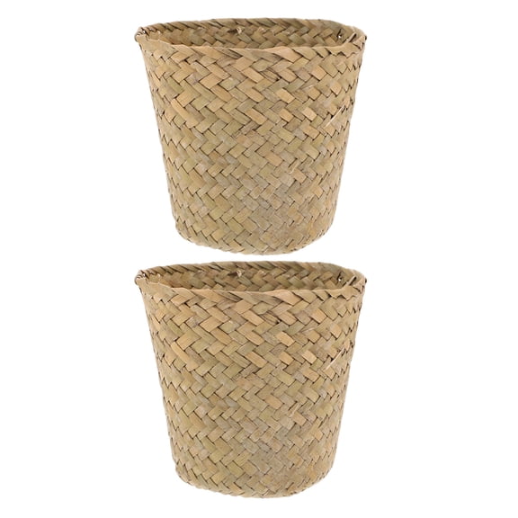 DEEPCRAFF 2Pcs Straw Woven Storage Baskets Green Multi Purpose Organizer for Desktop Cosmetics and Sundry Items