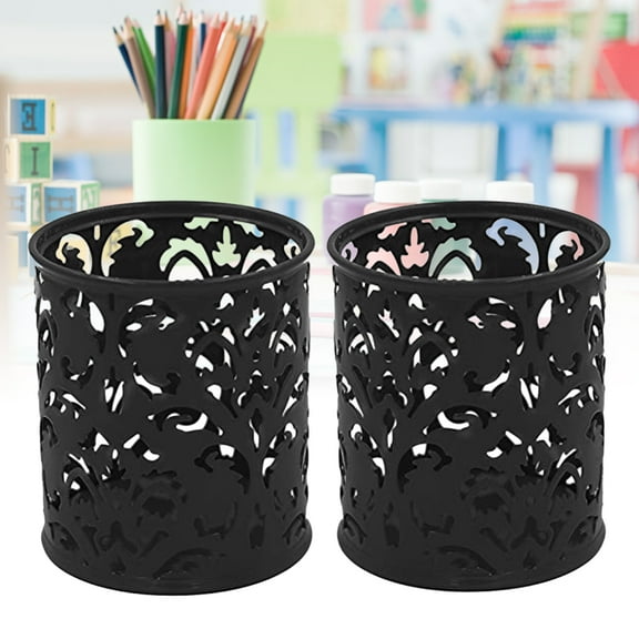 DEEPCRAFF 2Pcs Metal Pencil Organizer Black Pen Pot with Design for Desk Use