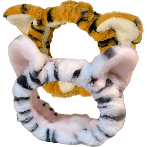 DEEPCRAFF 2Pcs Plush Tiger Fuzzy Hairband with Elastic Stretch for Comfortable Makeup and Face Washing