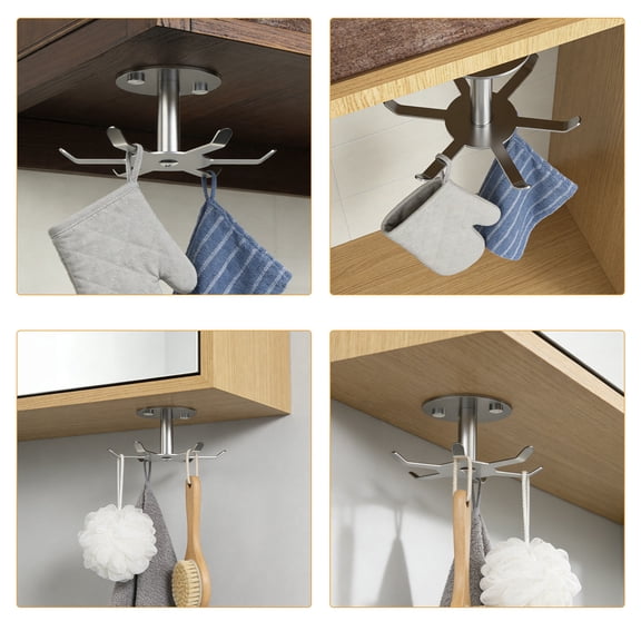 DEEPCRAFF 2Pcs Stainless Steel Under Cabinet Hooks 360 Degree Rotating Kitchen Utensil Hangers Plated Silver