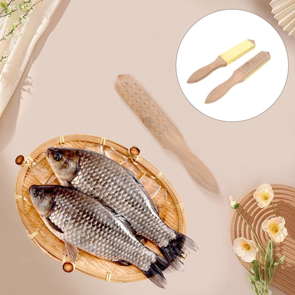 DEEPCRAFF 2-Pack Manual Fish Scale Remover with Steel Nails and Ergonomic Wood Handle for Easy Seafood Cleaning