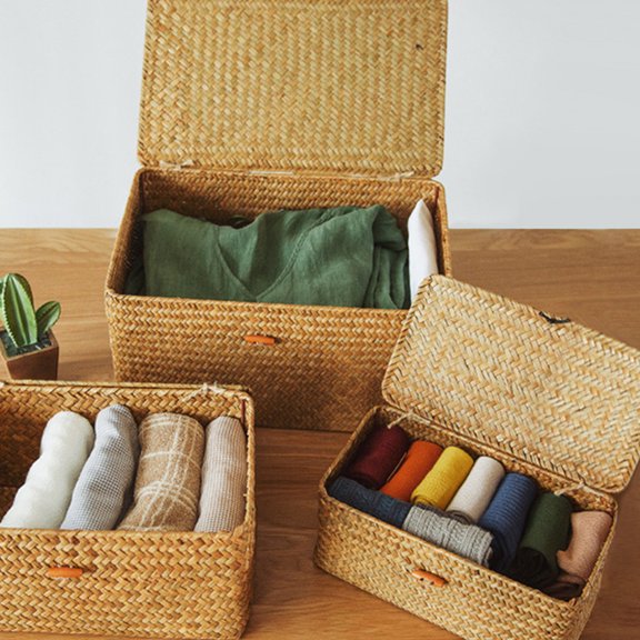 DEEPCRAFF 2Pcs Storage Basket Organizer Woven Seaweed Box Container with Lid Light Brown