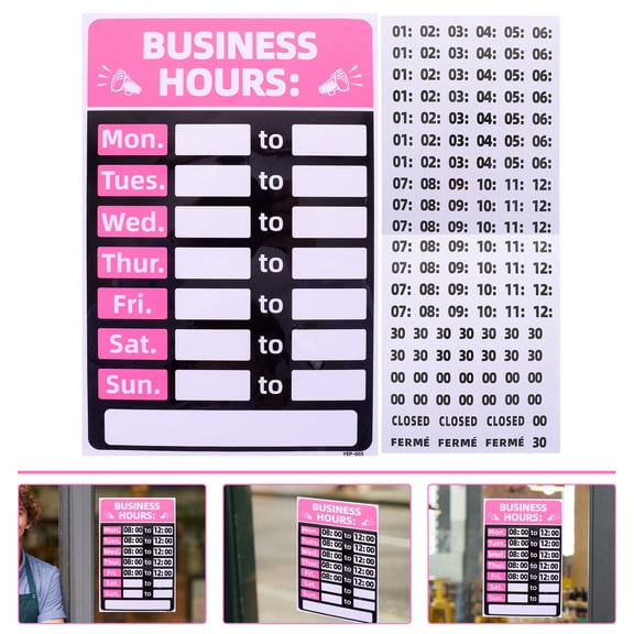DEEPCRAFF 2Pcs Writable Adhesive Hour Signs Pink PVC Business Hours Sign for Bank Office Shop