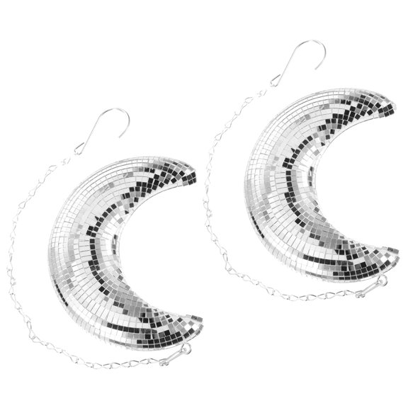 DEEPCRAFF 2pcs Retro Disco Crescent Moon Hanging Ornament Silver Glass Bubble