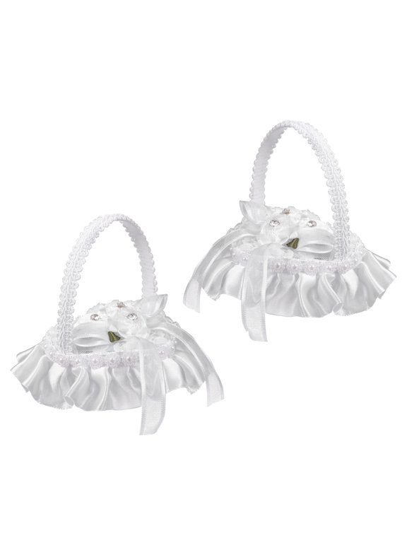 2pcs White Lace Heart Ring Holder Basket with Handle for Weddings