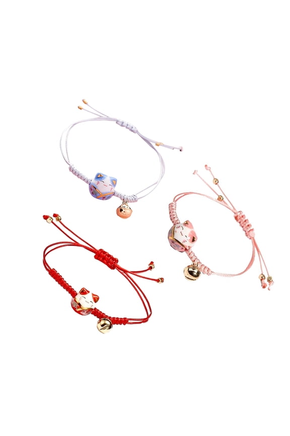 3-Pack Cat Wrist Bell Bracelets with String, Multi-Color Lucky Cat Charm Accessories