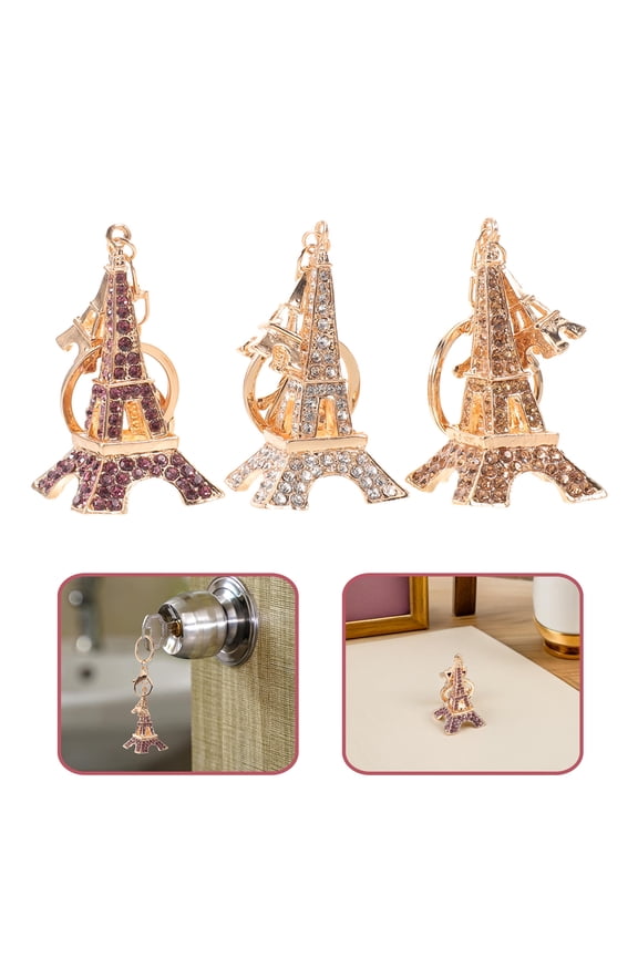 3Pcs Eiffel Tower Keychain with Elegant Rhinestone Finish Assorted Colors French Theme Souvenirs Pendant