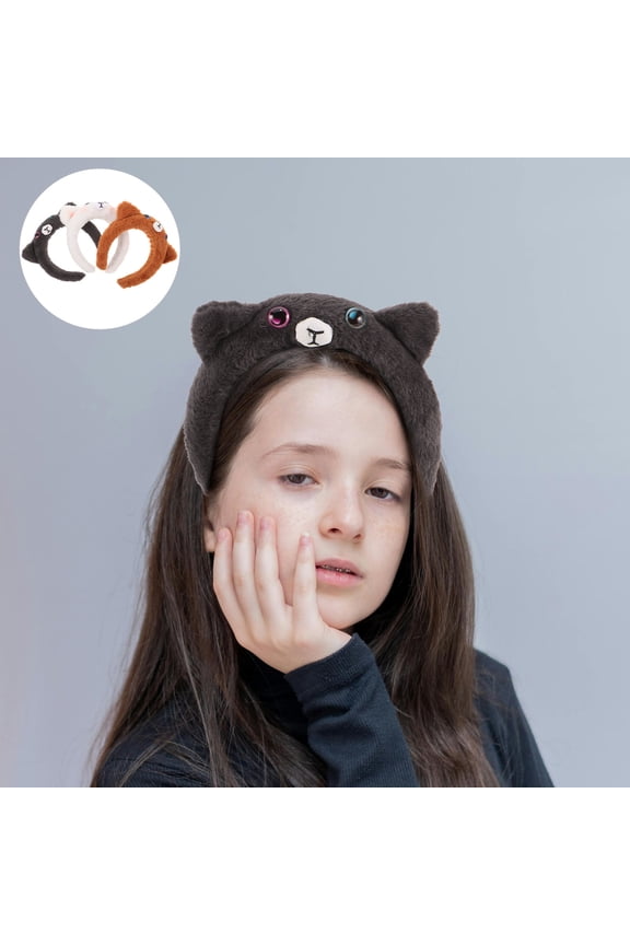 3Pcs Fuzzy Cat Headbands in Black White and Orange for Comfortable Skincare and Makeup