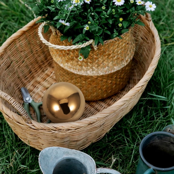 DEEPCRAFF Set of 3 Golden Stainless Steel Hollow Spheres Decorative Reflective Gazing Globes for Indoor Outdoor Garden