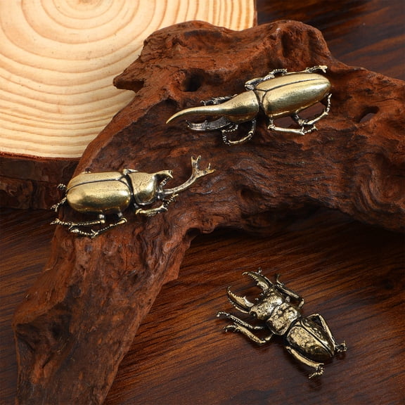 DEEPCRAFF Set of 3 Golden Metal Beetle Figurines, Decorative Animal Sculptures for Home, Office, and Desktop Display