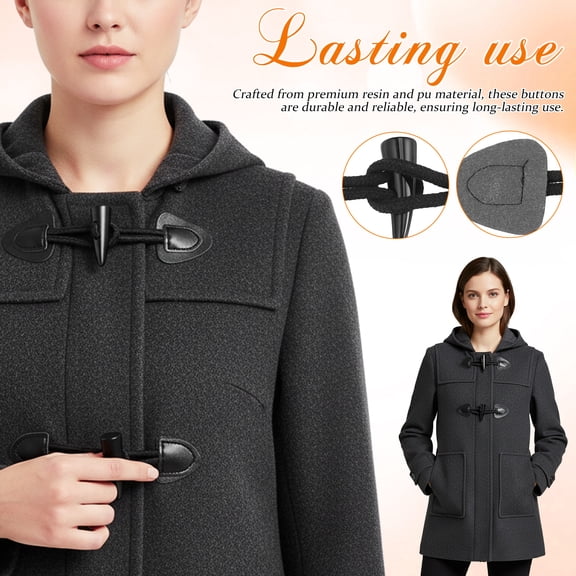 DEEPCRAFF 4 Pairs Large Black Resin Button Toggles for Coats with PU and Cotton Rope Closures