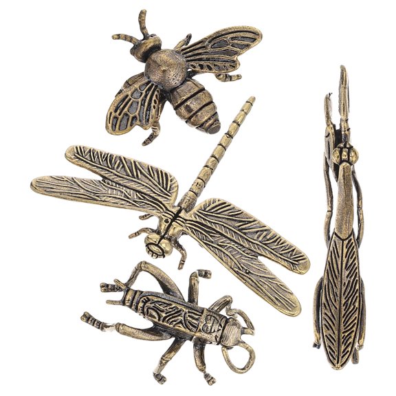 DEEPCRAFF 4Pcs Vintage Style Brass Insect Figurines Garden Metal Dragonfly Grasshopper Mantid