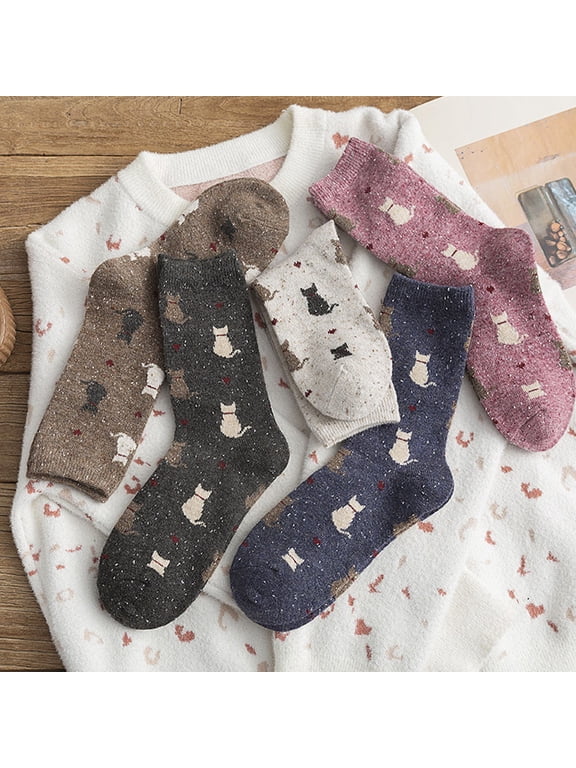 5 Pairs Warm Wool Blend Socks for Men & Women, Retro Calf-High Stockings with Breathable Fabric and Cute Cat Design