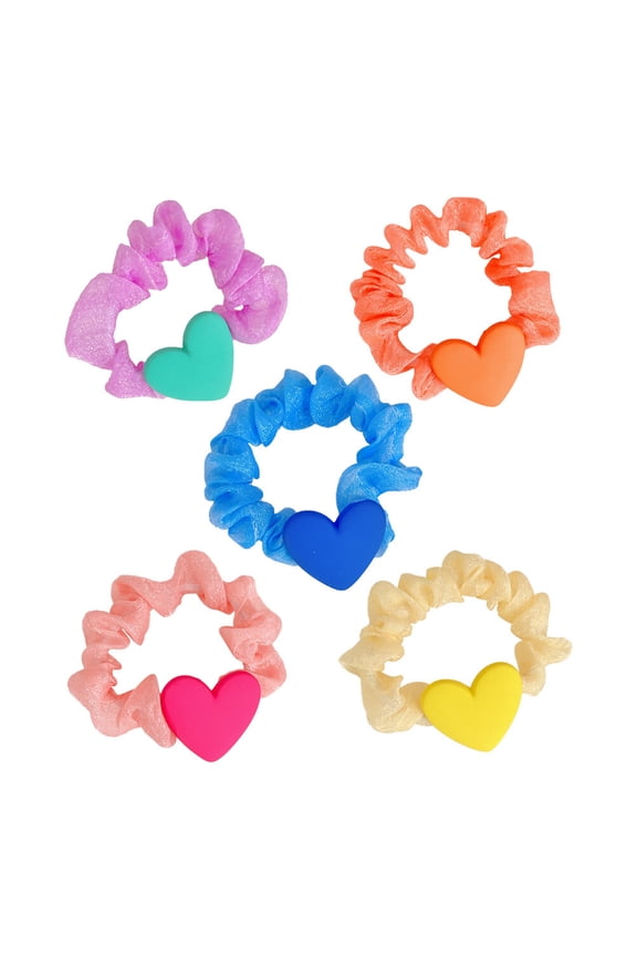 5-Pack Elastic Hair Ties with Heart Charms, Assorted Colors Fabric Ponytail Holders for Women and Girls