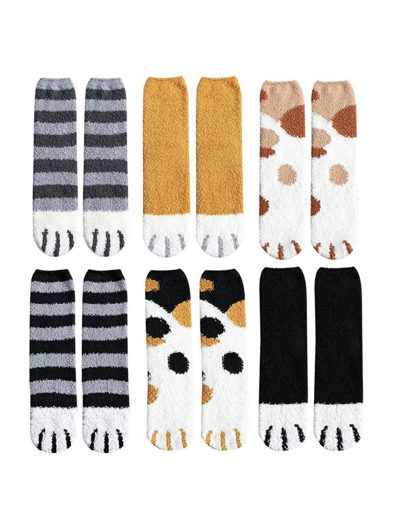6 Pairs Coral Fleece Winter Socks, Paw Pattern Soft Plush Cozy Warm Stockings for Bed, Lounge, Sleepwear