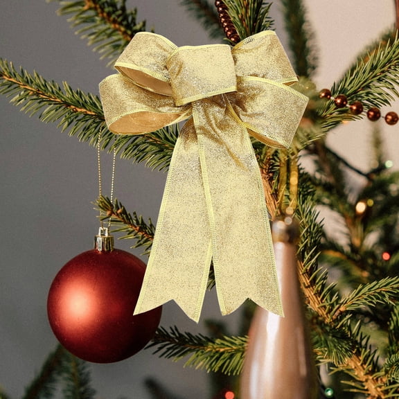 DEEPCRAFF 6Pcs Golden Christmas Bow Ornaments Decorative Bowknot for Tree Wreath and Party Decor