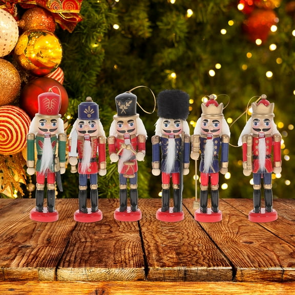 DEEPCRAFF Christmas Nutcracker Figurine Puppet Shape Hanging Ornament Wood 6 Pcs