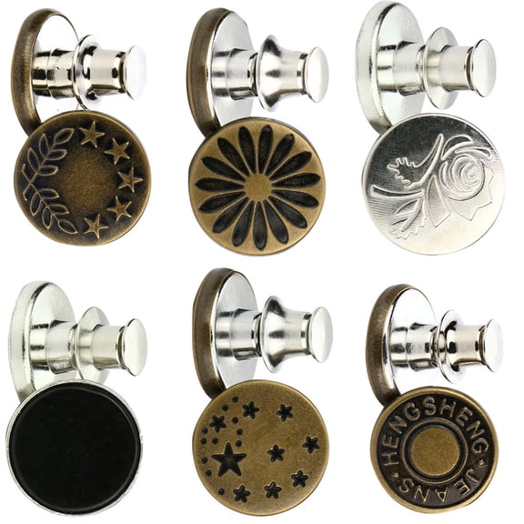 DEEPCRAFF 6-Pack Instant Alloy No-Sew Detachable Waist Replacement Buttons for Clothes, Thin Design, Perfect Fit and Easy Use