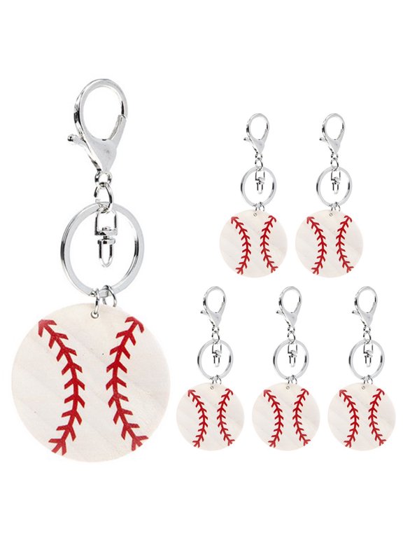White Sports Baseball Wood Keychains 6 Pieces for Key Hanging and Daily Use