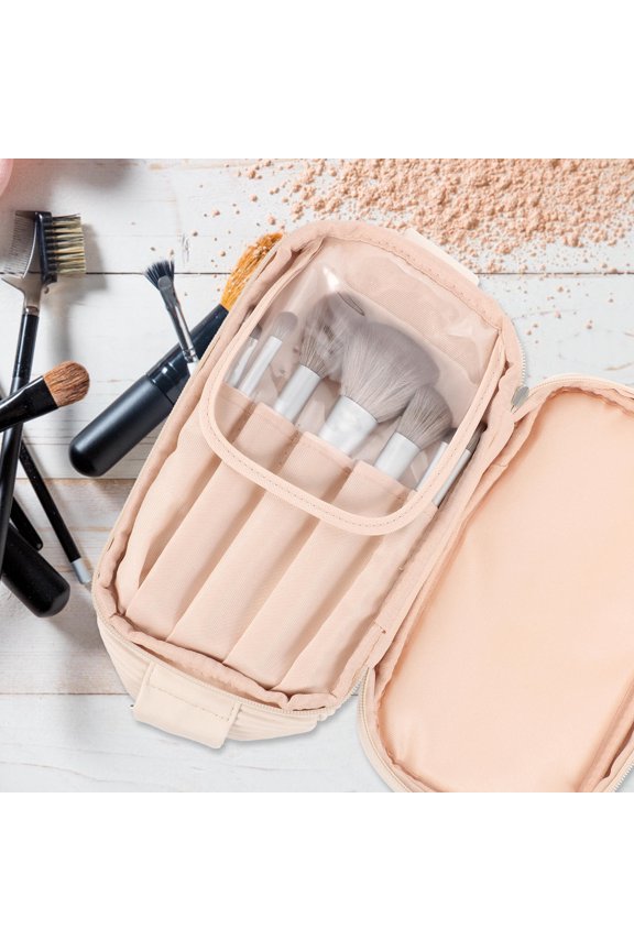 Beige Travel Storage Bag Large Capacity Portable Makeup Organizer Convenient Holding Bag