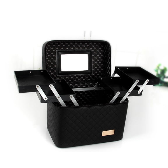 DEEPCRAFF Black Double Layer Makeup Case with Expandable Compartments, Cosmetic Train Box for Travel and Storage