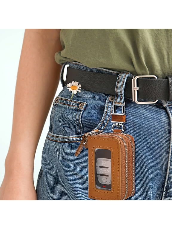 Durable Brown Zipper Key Pouch for Car Keys with Dual Compartments