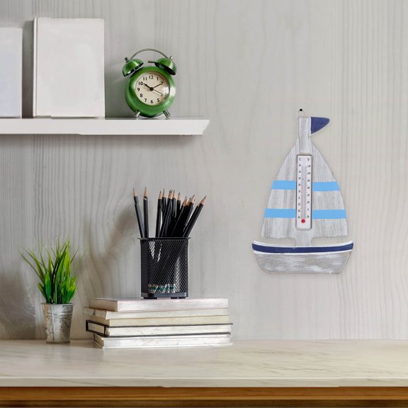 DEEPCRAFF Nautical Wooden Sailboat Wall Hanging Decor with Rustic Thermometer for Beach Theme