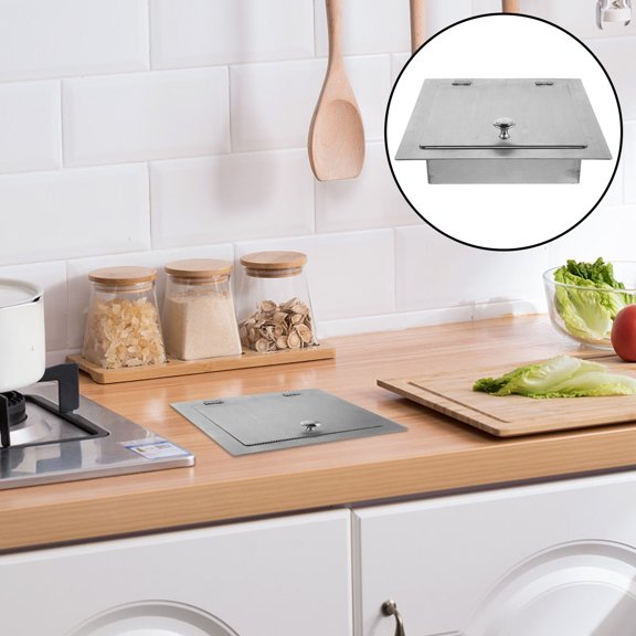 DEEPCRAFF Countertop Recessed Trash Can Lid, Stainless Steel, Plated Silver, Odor-Control for Kitchens