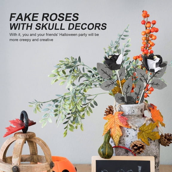 DEEPCRAFF Creepy Skull Rose Decor Black Artificial Flowers Polyester Plastic