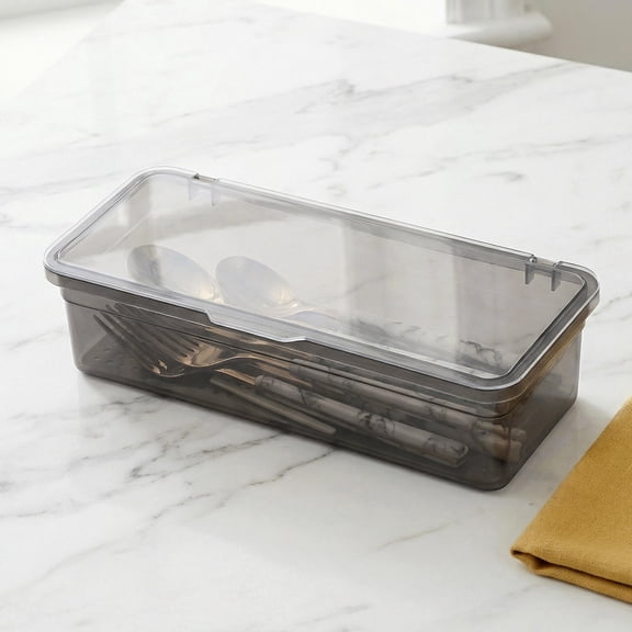 DEEPCRAFF Plastic Chopsticks Drain Storage Box with Lid Black Kitchen Utensil Organizer