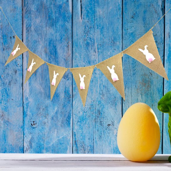 DEEPCRAFF Easter Burlap Triangle Banner with Bunny Design for Festive Spring Khaki Home and Party Decoration