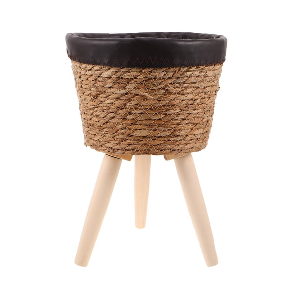 DEEPCRAFF Light Brown Woven Wooden Plant Stand Elevated Floor Pot Holder with Stable Legs for Home