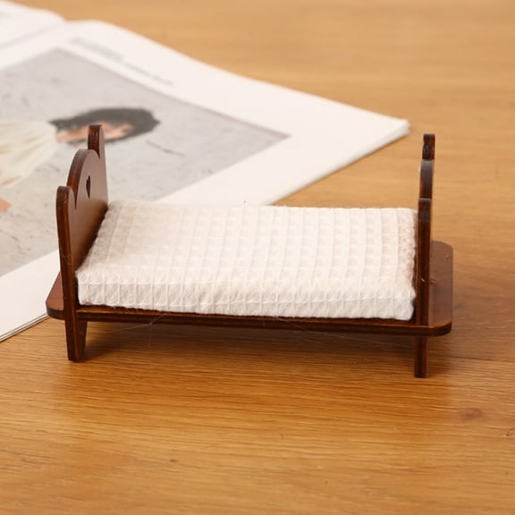 DEEPCRAFF Dollhouse Bed Miniature Wooden Bed Coffee Color 1Pcs Vintage Style Decorative Piece