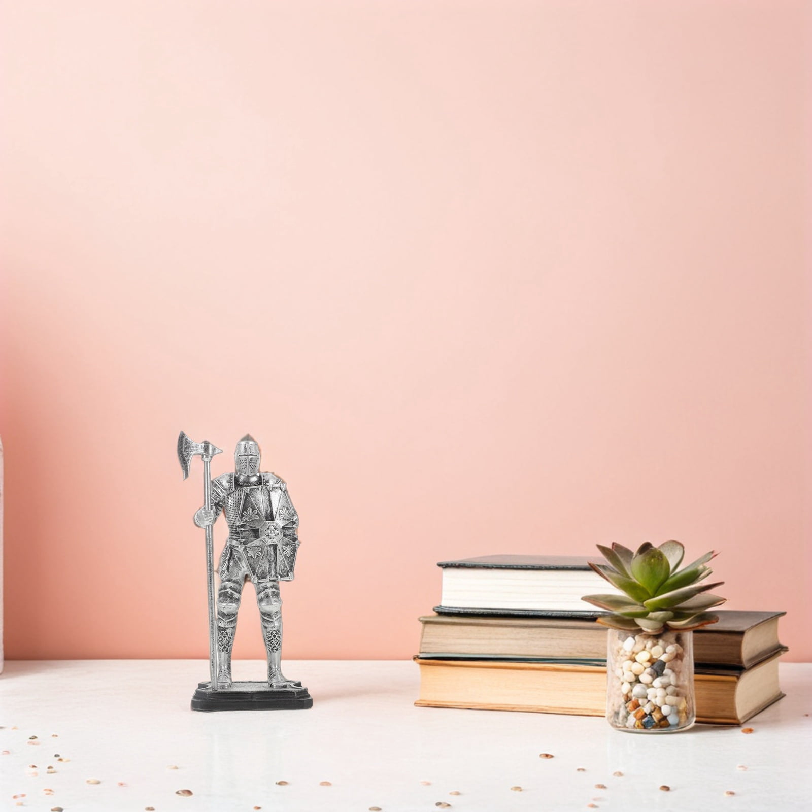 DEEPCRAFF Intricate Silver Resin Medieval Knight Sculpture Vintage Figurine for Office Display
